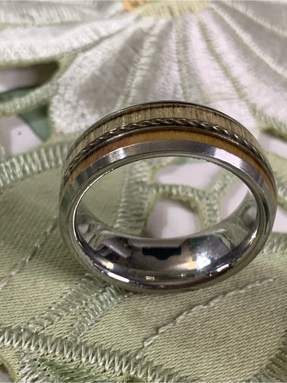 Two-Tone Wood Inlay Men's Titanium  Ring - Brown